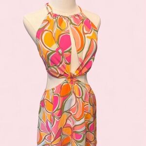 Retro 70’s Floral Printed Twisted Halter Dress with Tie